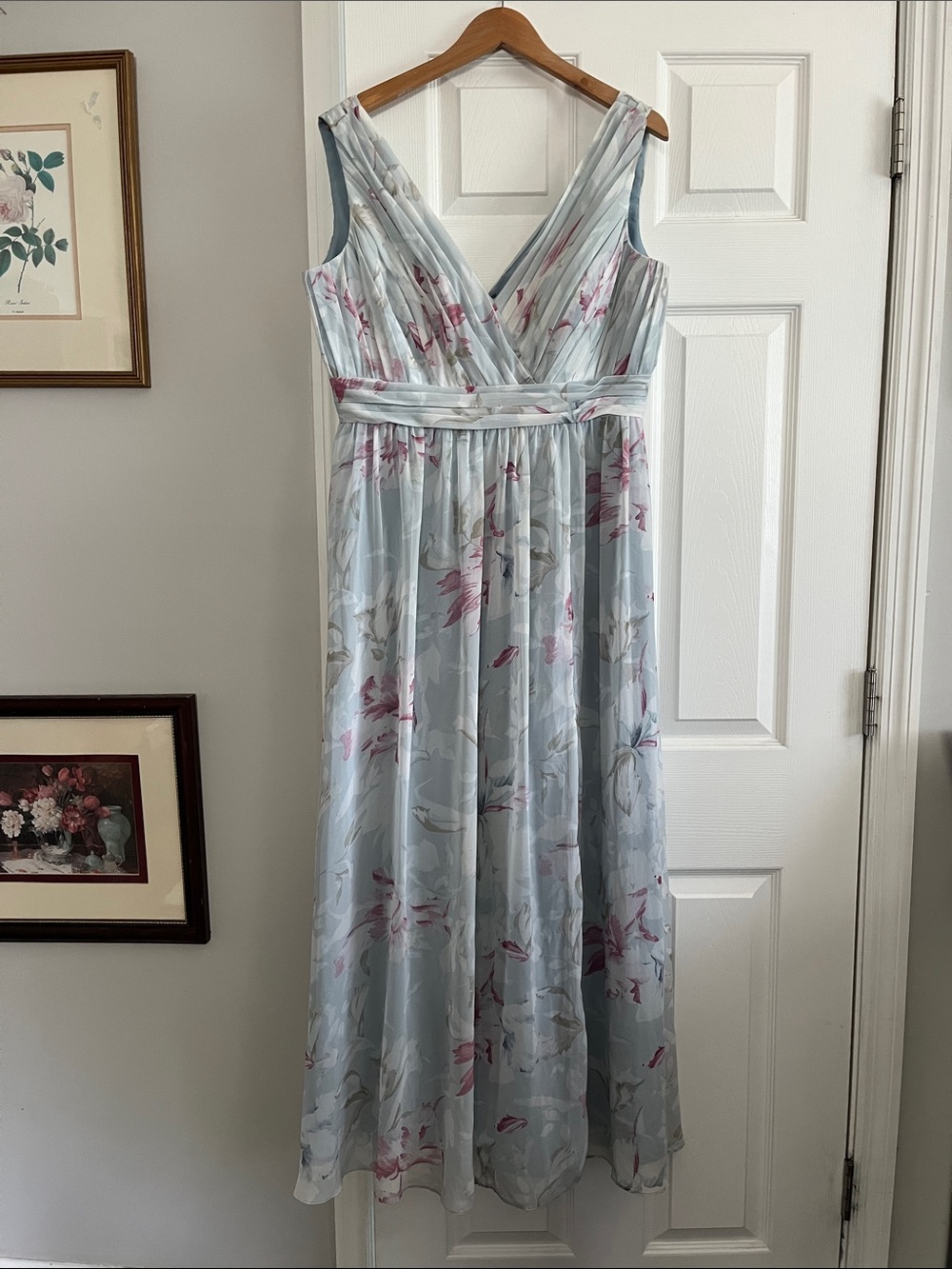 Revelry Light Blue Floral Pleated V-Neck Maxi Dress
